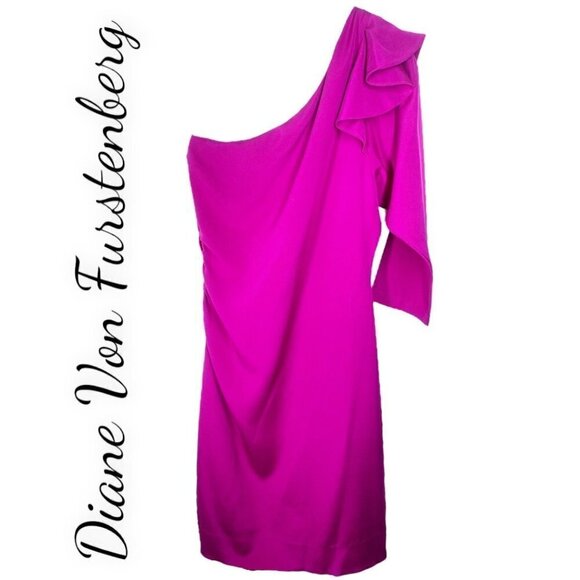 DIANE VON FURSTENBERG Cobb Magenta Pink One Shoulder Silk Mini Cocktail Dress, 8 - Picture 6 of 9
